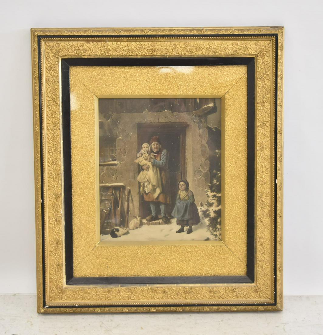 ANTIQUE GILTWOOD SHADOW BOX FRAME: WITH CARVED FLOWERS & COLORED PRINT OF GRANDMOTHER WITH CHILDREN - IMAGE IS 14 1/2" x 17" ; 28 1/2" x 32 1/2" OVERALL