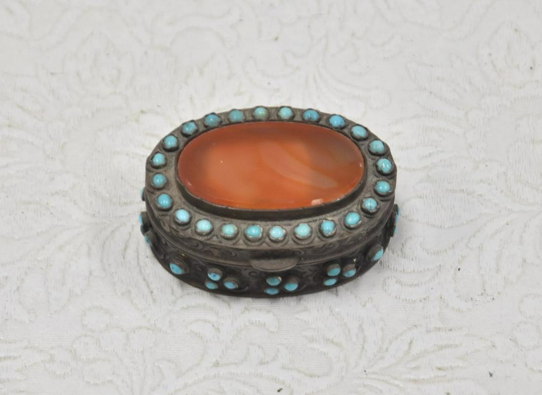 SILVER CARNELIAN & TURQUOISE PILL BOX: ENGRAVED SILVER PILL BOX WITH INSET CARNELIAN STONE , TURQUOISE MOUNTS & GILDED INTERIOR - 2" x 3/4"