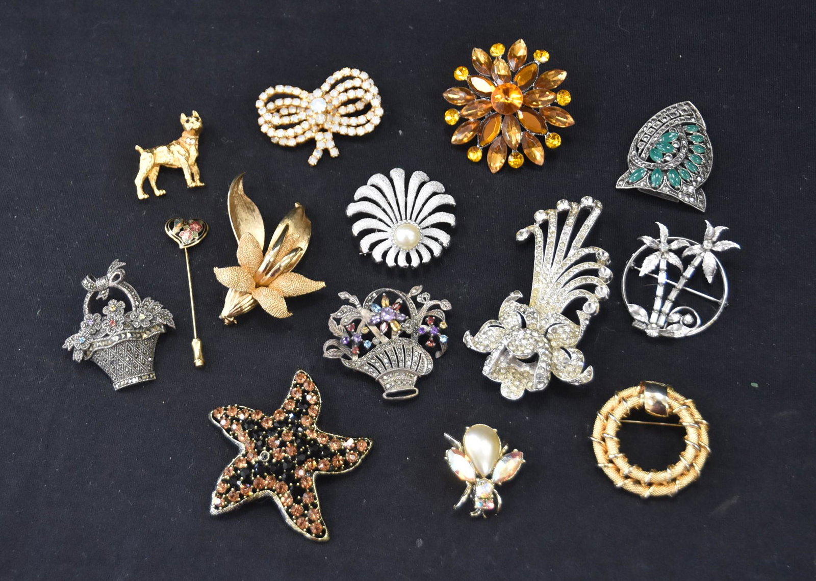 ASSORTED COSTUME JEWELRY LOT CONSISTING OF: (Pr) STERLING & MARCASITE FLOWER BASKET PINS , WEISS , CORO & TRIFARI