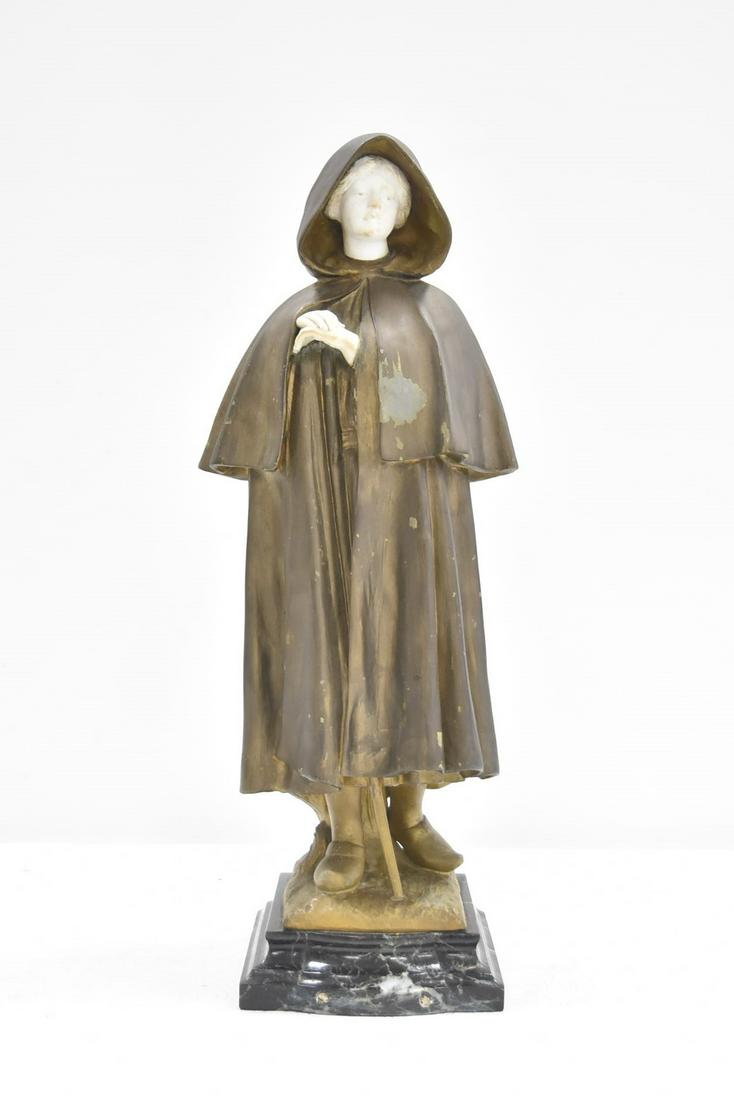 FRENCH GILT METAL STATUE OF GIRL IN CLOAK: WITH FABRICATION FRANCHAISE FOUNDRY 5 1/2" x 5 1/2" x 17 1/2"