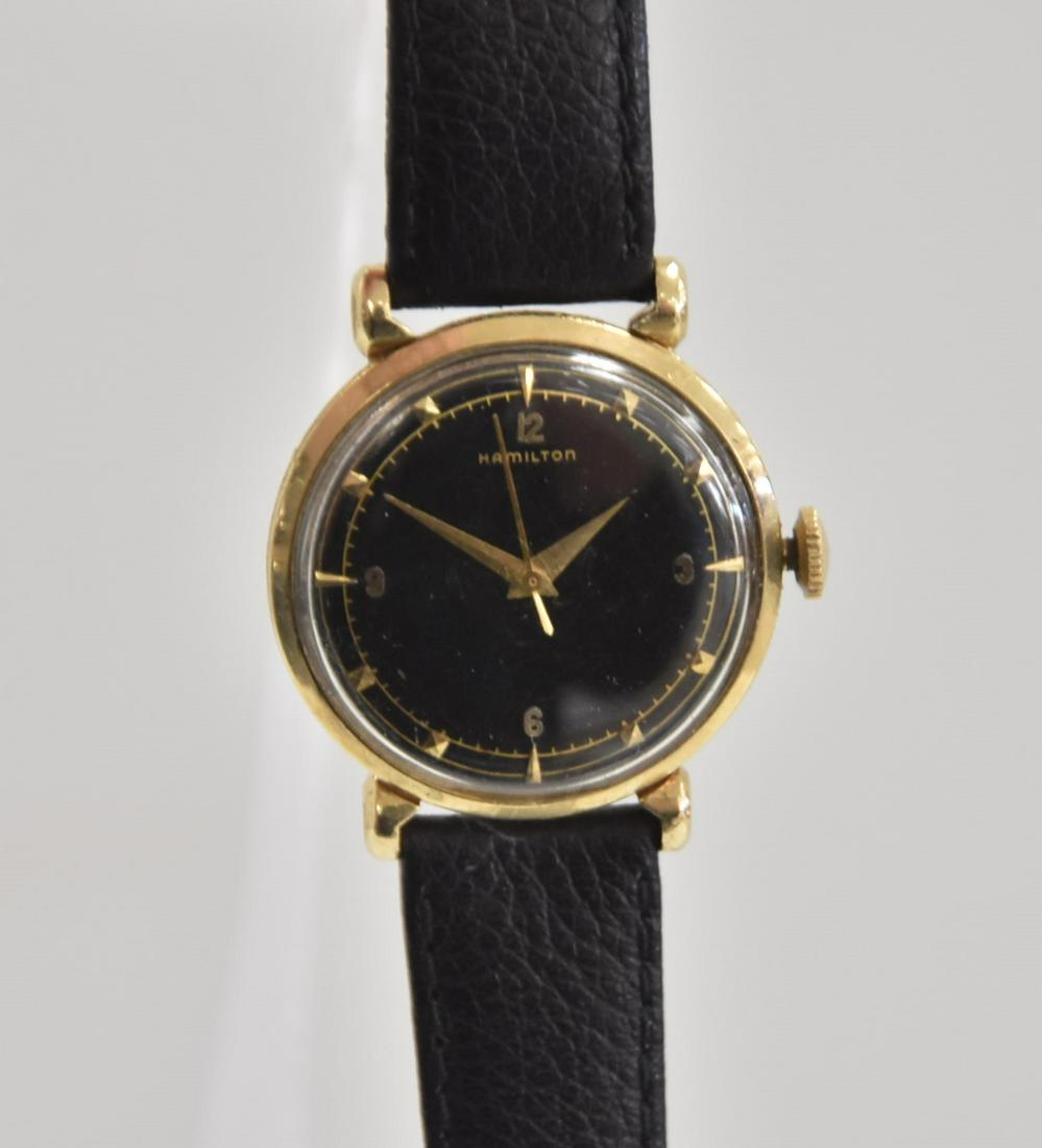 VINTAGE 14kt GOLD HAMILTON WATCH WITH LEATHER: BAND - IN WORKING ORDER ; FACE IS 1 1/4" ; 9" LONG