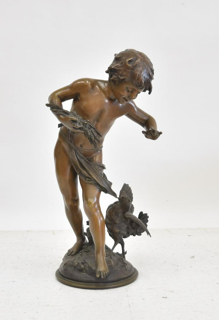 AUGUSTE MOREAU , BRONZE BOY HOLDING WHEAT WITH BIRD: SIGNED MOREAU - 12" x 10" x 28"