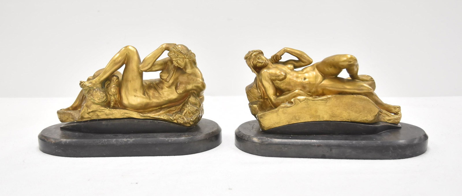 ACHILLE COLLAS (FRENCH, 1794-1859): (Pr) FRENCH BRONZE RECLINING FEMALE NUDES , RAISED ON MARBLE BASE , STAMPED WITH REDUCTION MECANIQUE A. COLLAS , BREVETE ; WITH BARBEDIENNE FOUNDRY - 13" x 6" x 7"