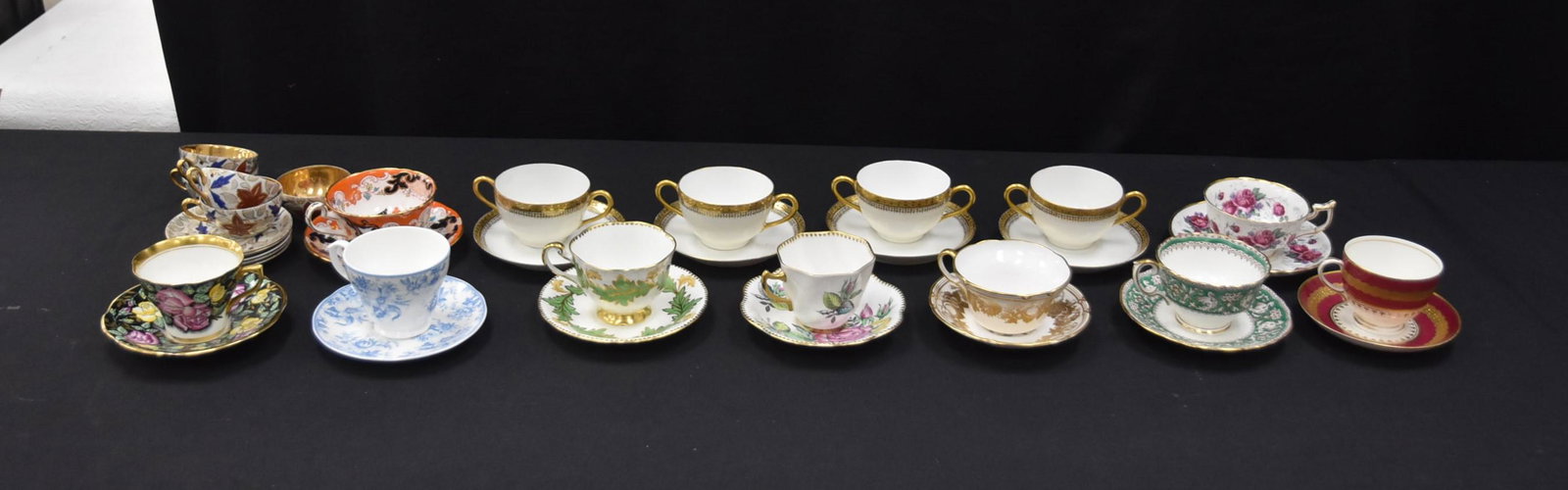 (18) ASSORTED CUPS & SAUCERS: (18) ASSORTED ENGLISH , ROYAL ALBERT , SPODE , STAFFORDSHIRE & LIMOGES CUPS & SAUCERS (ONE HAS HAIRLINE) 5 1/2" x 3"