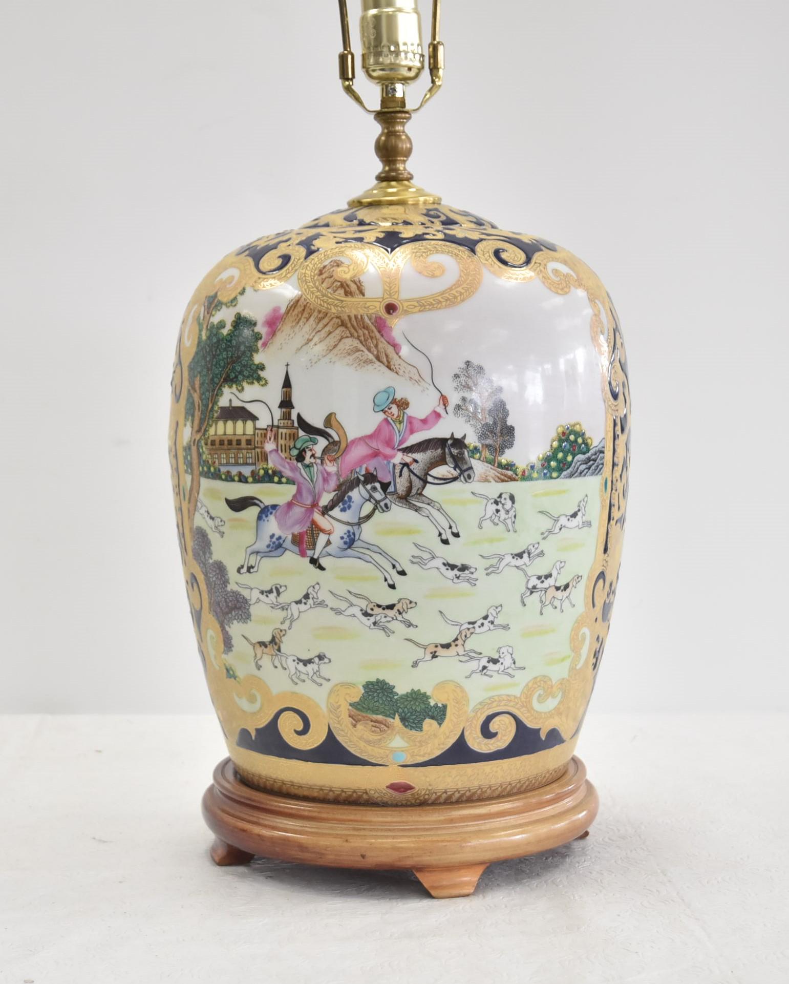 LARGE CHINESE ENAMELED PORCELAIN GINGER JAR LAMP: WITH HUNTING SCENE MEDALLIONS & GOLD DEOCORATIONS 9" x 19" TO SOCKET