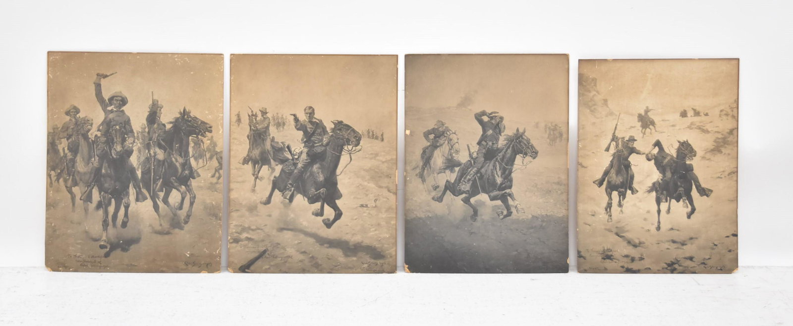 (4) CHARLES SCHREYVOGEL (AMERICAN, 1861-1912): (4) CHARLES SCHREYVOGEL , PLATINUM PRINTS OF THE WILD WEST ; COWBOYS & INDIANS , WITH CHARLES SCHREYVOGEL , INCISED COPYRIGHT STAMP ; FROM 1905, (3) ARE HAND SIGNED , BY SCHREYVOGEL & PERSONALIZED ; T