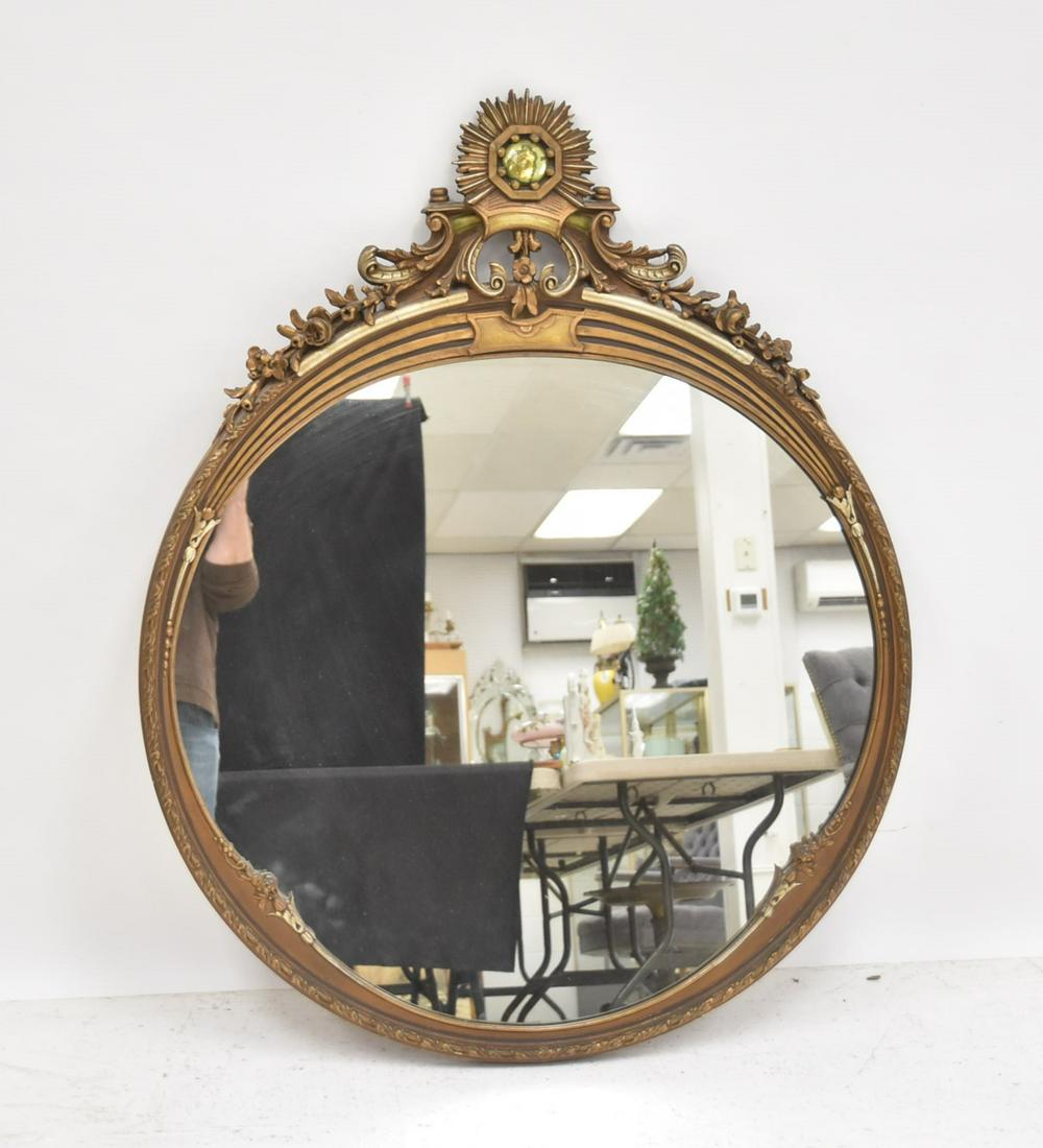 ANTIQUE CARVED GILTWOOD MIRROR WITH: FLOWERS & JEWELED MEDALLION - 37" x 47"