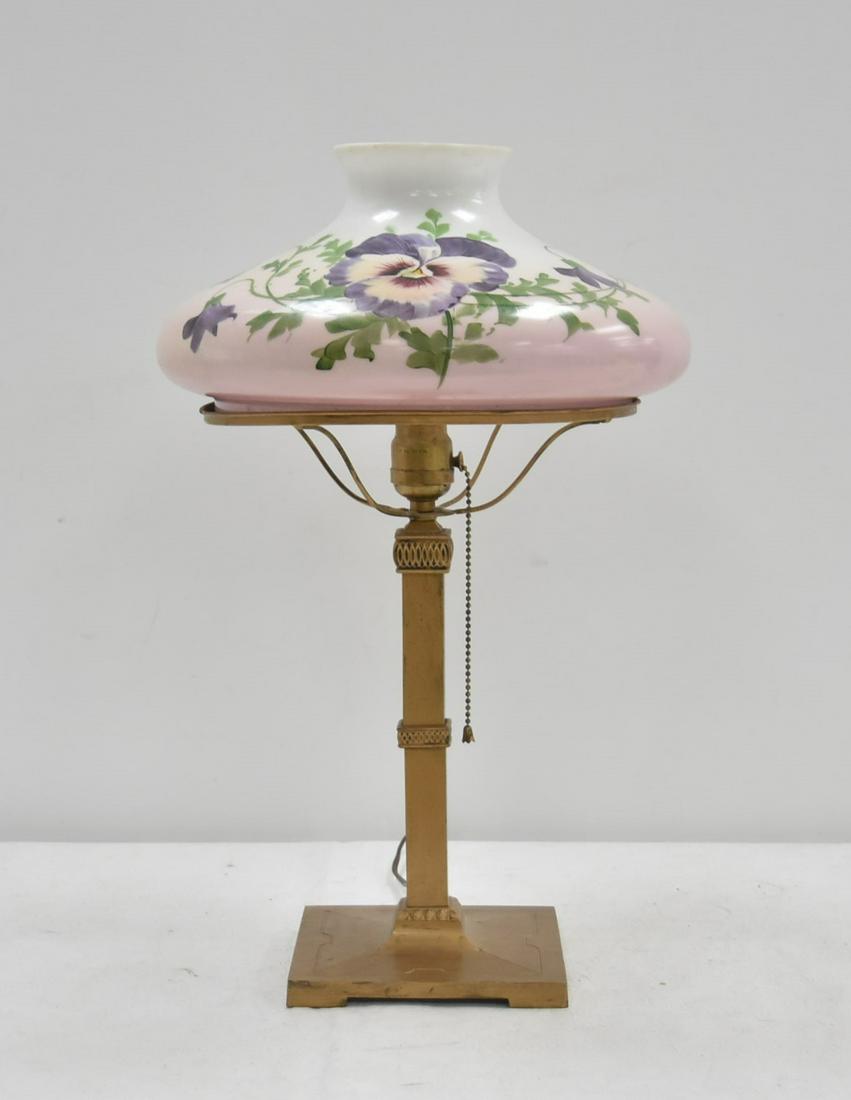 GILDED TABLE LAMP WITH HAND PAINTED SHADE: HAND PAINTED PANSEY FLOWER SHADE ON GILT PATINATED LAMP BASE - 11" x 20"