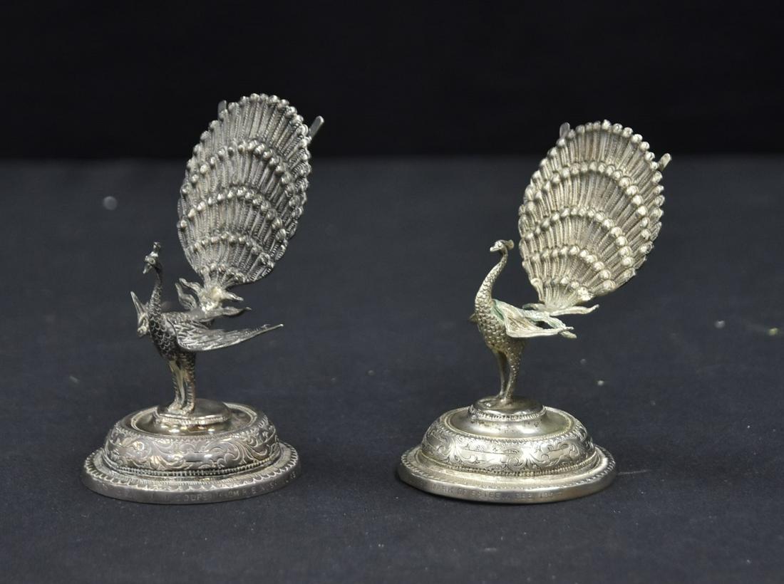 (2) ANTIQUE STERLING SILVER PEACOCK CARD HOLDERS: (2) ANTIQUE STERLING SILVER PEACOCK FORM PLACE CARD HOLDERS - 2 1/2" x 2" x 3 1/2"
