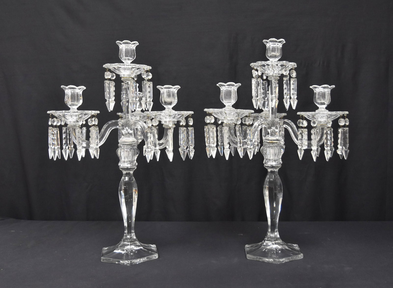 (Pr) 5-LIGHT CRYSTAL CANDELABRAS: (Pr) 2-PART CRYSTAL CANDELABRAS - 14" x 12" x 22" (ONE CHIP ON BOBECHE & SOME CHIPPED CRYSTALS) 14" x 12" x 22"
