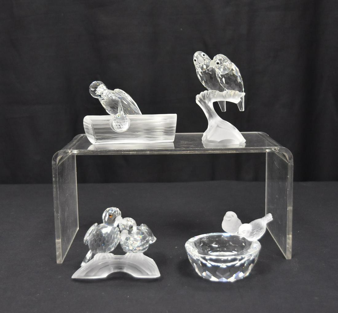 SWAROVSKI CRYSTAL BIRD FIGURINES: SWAROVSKI CRYSTAL (3) BIRDS ON BRANCH & BIRD BATH - LARGEST IS 2 1/2" x 2 1/2' x 4"