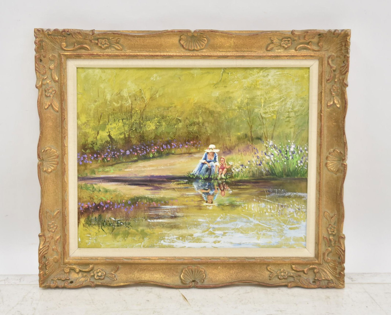 MIRIAM ECKER (AMERICAN, b. 1926) OIL ON CANVAS: MOTHER & DAUGHTER BY LAKE , SIGNED MIRIAM ECKER , LOWER LEFT - 20" x 16" ; OVERALL IS 26" x 22"