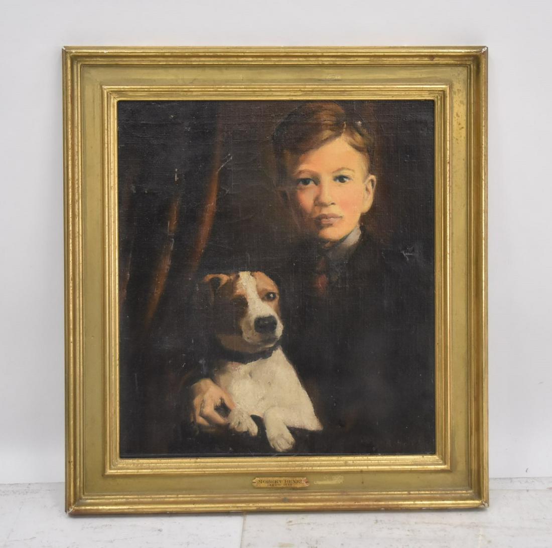 ATTRIBUTED TO ROBERT HENRI (AMERICAN,1865-1939): OIL ON CANVAS MOUNTED ON BOARD PORTRAIT OF BOY WITH DOG , SIGNED R. HENRI , LOWER RIGHT - 16 1/2" x 18 1/2" ; 22" x 24" FRAMED (SOME INPAINTING & CRAQUELURE)