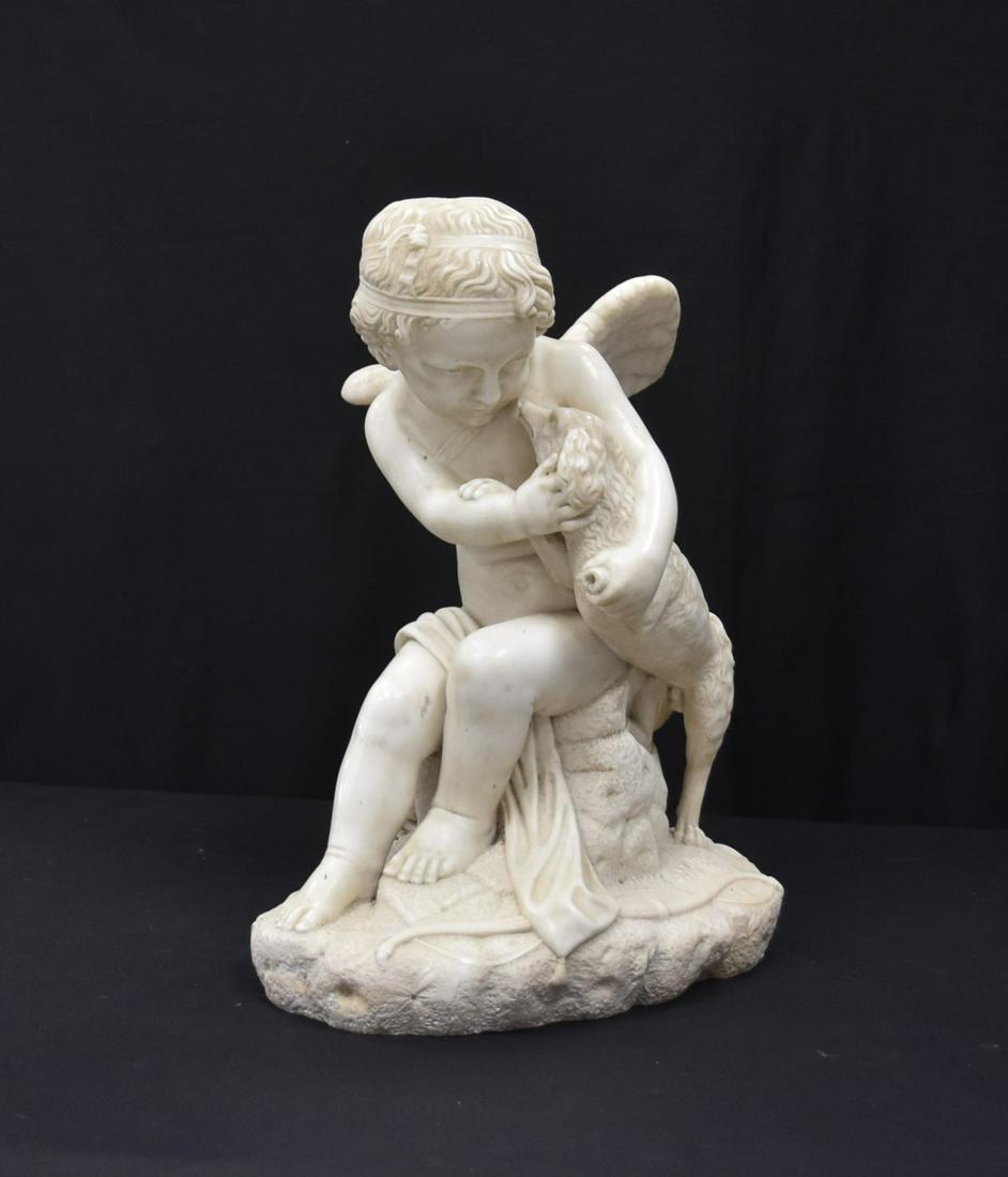 ANTIQUE CARVED MARBLE CHERUB WITH DOG STATUE: ANTIQUE MARBLE CHERUB WITH DOG - 15" x 11" x 21" (HAS LOSS TO PART OF WING & DOG PAW)
