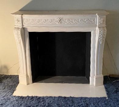 CARVED MARBLE FIREPLACE MANTLE: CARVED MARBLE FIREPLACE MANTLE WITH SCROLLWORK - 53" x 45" ;INSIDE OPENING IS 36"WIDE X 34" TALL (PLEASE NOTE THIS MANTLE HAS BEEN TAKEN APART AND WOULD HAVE TO BE ASSEMBLED)