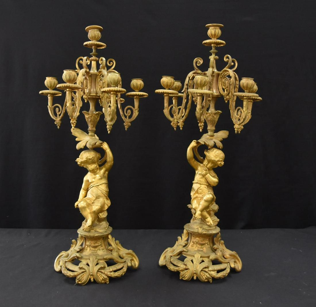 (Pr) 19thC FRENCH BRONZE 6-ARM CANDELABRAS: (Pr) 19thC FRENCH GILDED BRONZE FIGURAL CANDELABRAS WITH PUTTIS HOLDING 6-BRANCH CANDELABRA - 11" x 25 1/2"