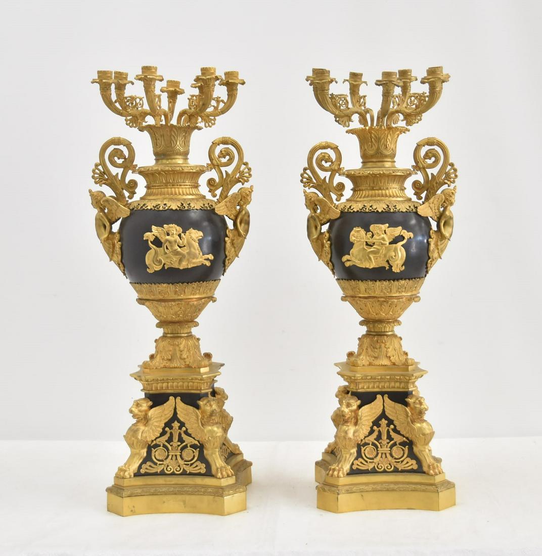 (Pr) LARGE FRENCH EMPIRE STYLE CANDELABRAS: (Pr) LARGE GILDED BRONZE & PATINATED FRENCH EMPIRE STYLE CANDELABRAS WITH 6-CANDLES GRIFFINS & WINGED CARYATIDS - 12" x 10" x 31"