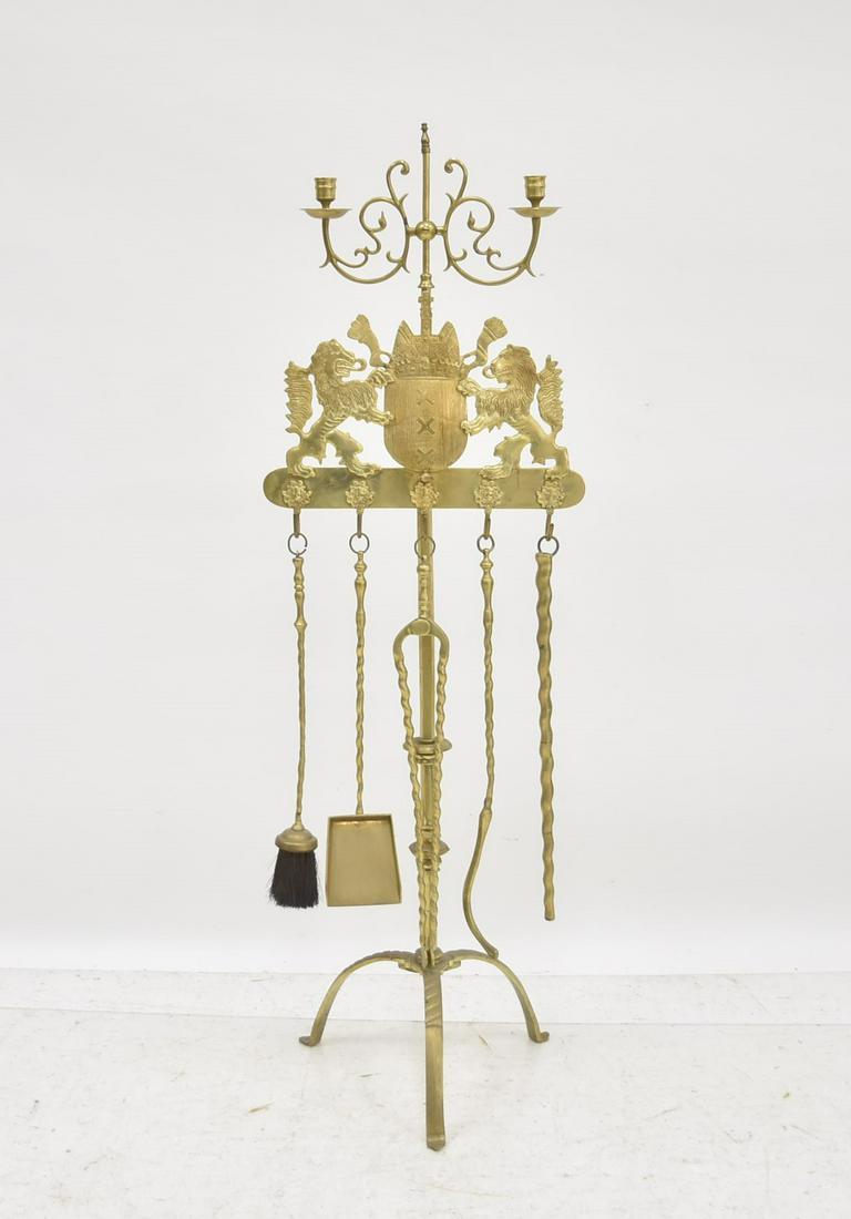 19thC BRONZE FIRE PLACE TOOL SET: 19thC BRONZE FIRE PLACE TOOL SET WITH SHIELD , LIONS & CANDLE HOLDERS - 17" x 13" x 51"
