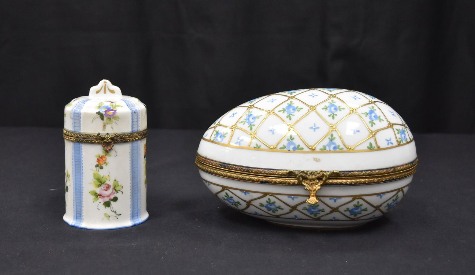 HAND PAINTED LIMOGES EGG FORM BOX &: HAND PAINTED LIMOGES CYLINDER BOX - LARGEST IS 7" x 5" x 4 1/2"