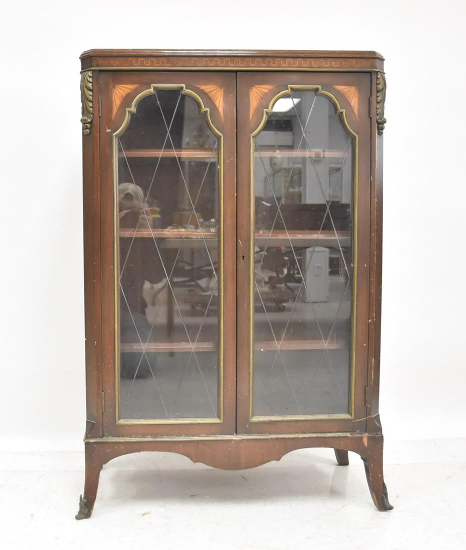 INLAID MAHOGANY CURIO CABINET: (SOME LOSS) 31" x 13" x 48"