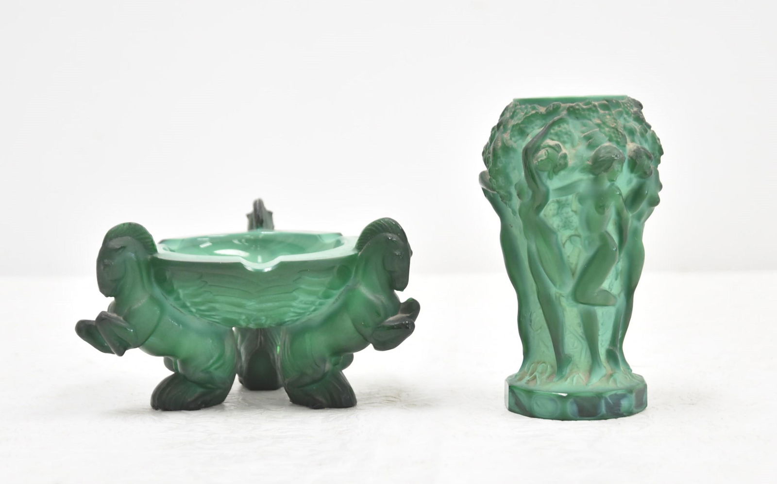 (2) CZECH MALACHITE GLASS NUDE VASE & TRAY WITH: HORSE FORM BASE ; VASE IS 3" x 5" ; TRAY IS 5" x 3"
