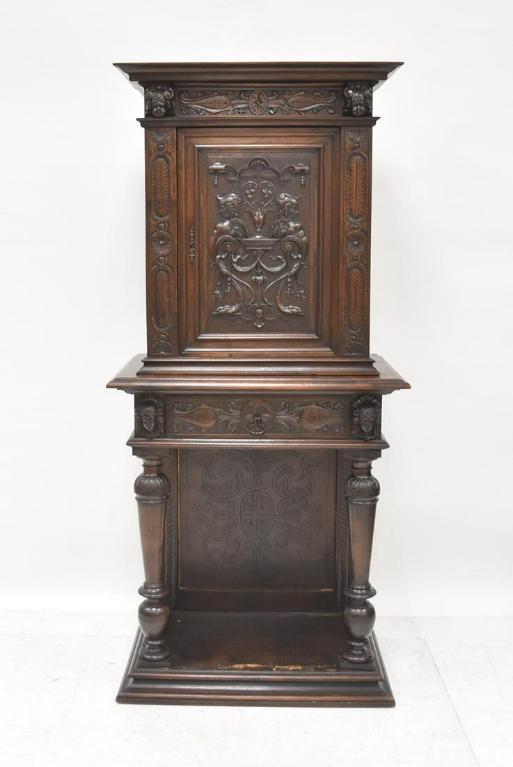 19thC FRENCH CARVED OAK CABINET: 19thC FRENCH CARVED OAK 2-PART CABINET WITH CARVED MASKS & FEMALE CARYATIDS - 29" x 18" x 63"
