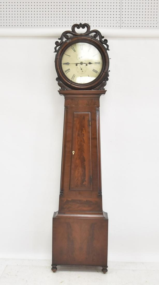 ANTIQUE SCOTTISH LONG CASE GRANDFATHER CLOCK: ANTIQUE EARLY 19thC SCOTTISH LONG CASE MAHOGANY GRANDFATHER CLOCK ATTRIBUTED TO THOMAS STEELE , ca. 1797-1830 ; APPRENTICE TO JOHN McPHERSON , EDIN ; NOTED IN "A HANDBOOK AND DIRECTORY OF OLD SCOTTISH