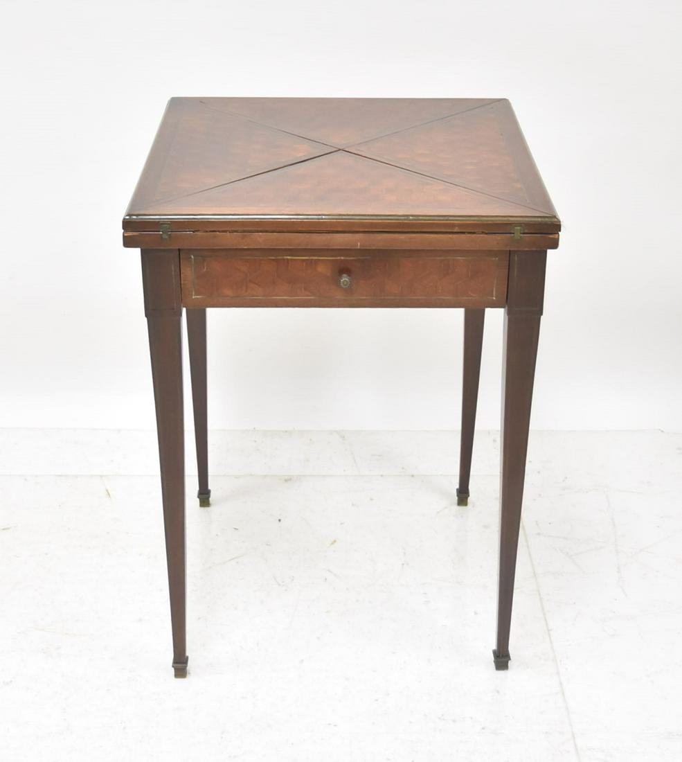FRENCH PARQUETRY INLAID GAME TABLE: FRENCH ROSEWOOD HANDKERCHIEF GAME TABLE WITH PARQUETRY INLAY DESIGNS ; 21 1/2" x 21 1/2" x 30 1/2" ; 30 1/2" x 30 1/2" OPEN - (INSIDE SURFACE NEEDS TO BE REDONE)