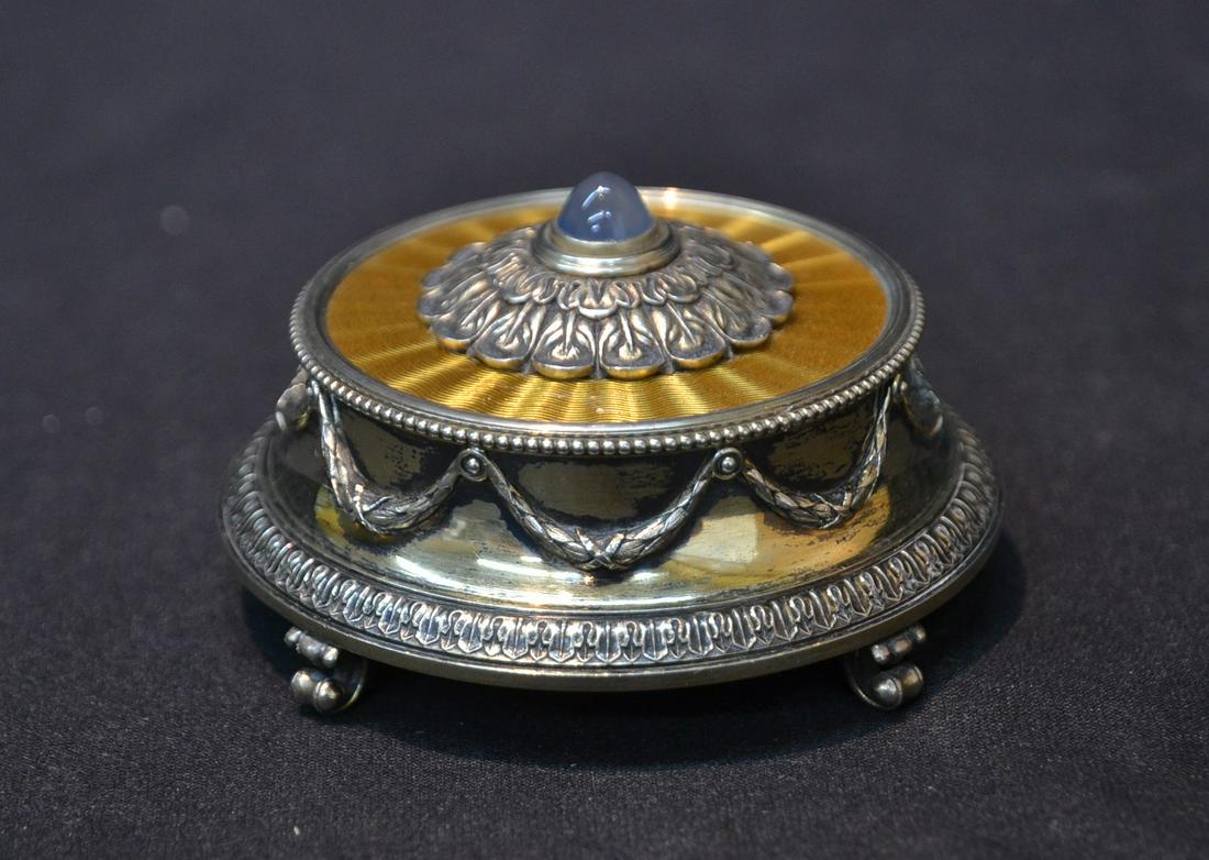 RUSSIAN 88 SILVER & GUILLOCHE ENAMEL BELL PUSH: WITH MOONSTONE BUTTON - 3" x 1 1/2" ; WITH PRESENTATION BOX