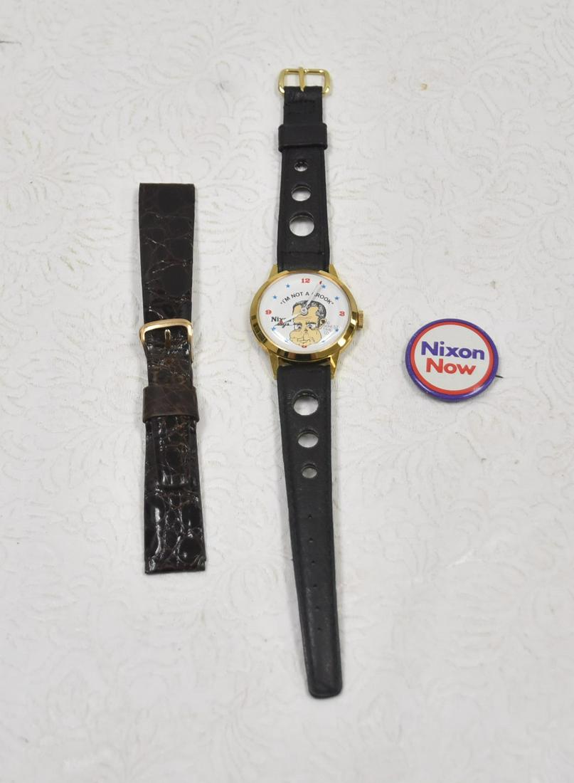 VINTAGE RICHARD NIXON "IM NOT A CROOK" WATCH: BY HONEST TIME Co. WITH EXTRA BAND - 9" LONG / RICHARD NIXON PIN