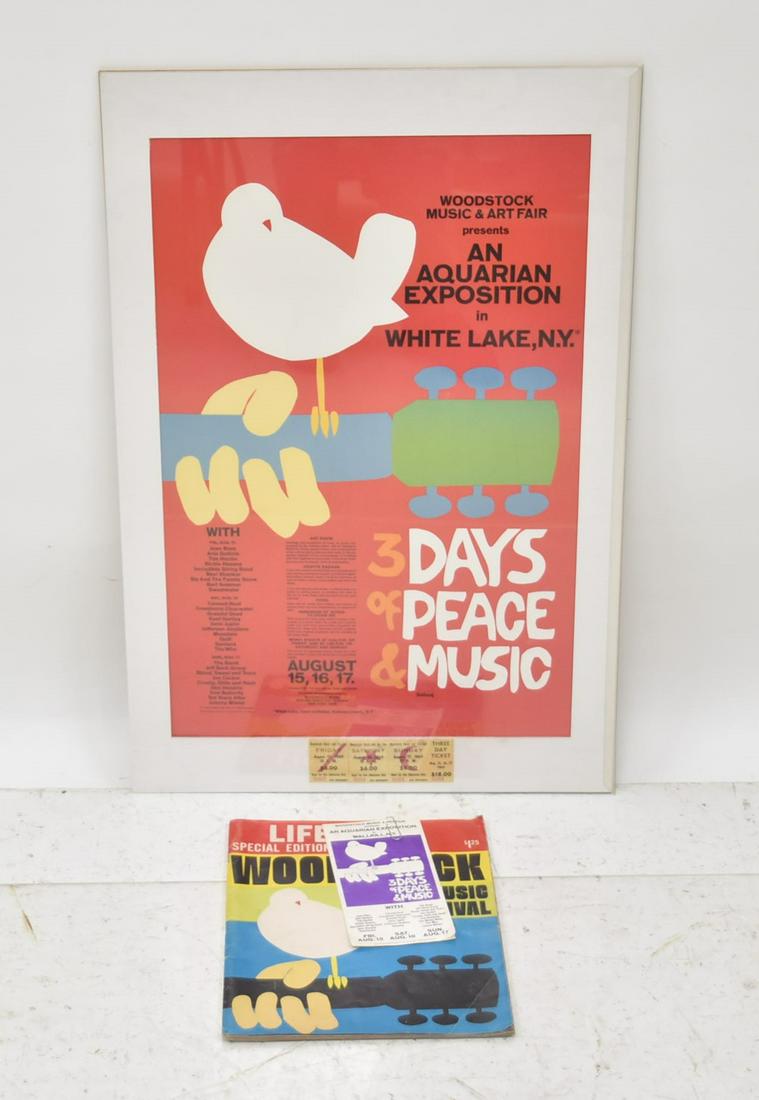 WOODSTOCK LOT - WOODSTOCK POSTER WITH TICKET: ADMITTANCE AUGUST 15-17 3-DAY TICKET , POSTER BY SLOTNICK & LIFE SPECIAL EDITION WOOD STOCK PHOTO MAGAZINE WITH PRGORAM - 20" x 30" POSTER OVERALL
