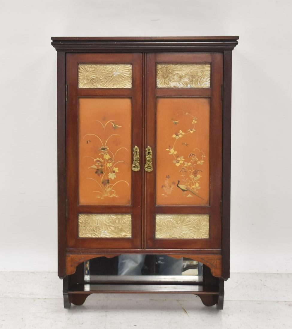 MAHOGANY WALL CABINET: WITH LACQUERED BIRD & FOLIATE PANELS - 20" x 9 1/2" x 32"