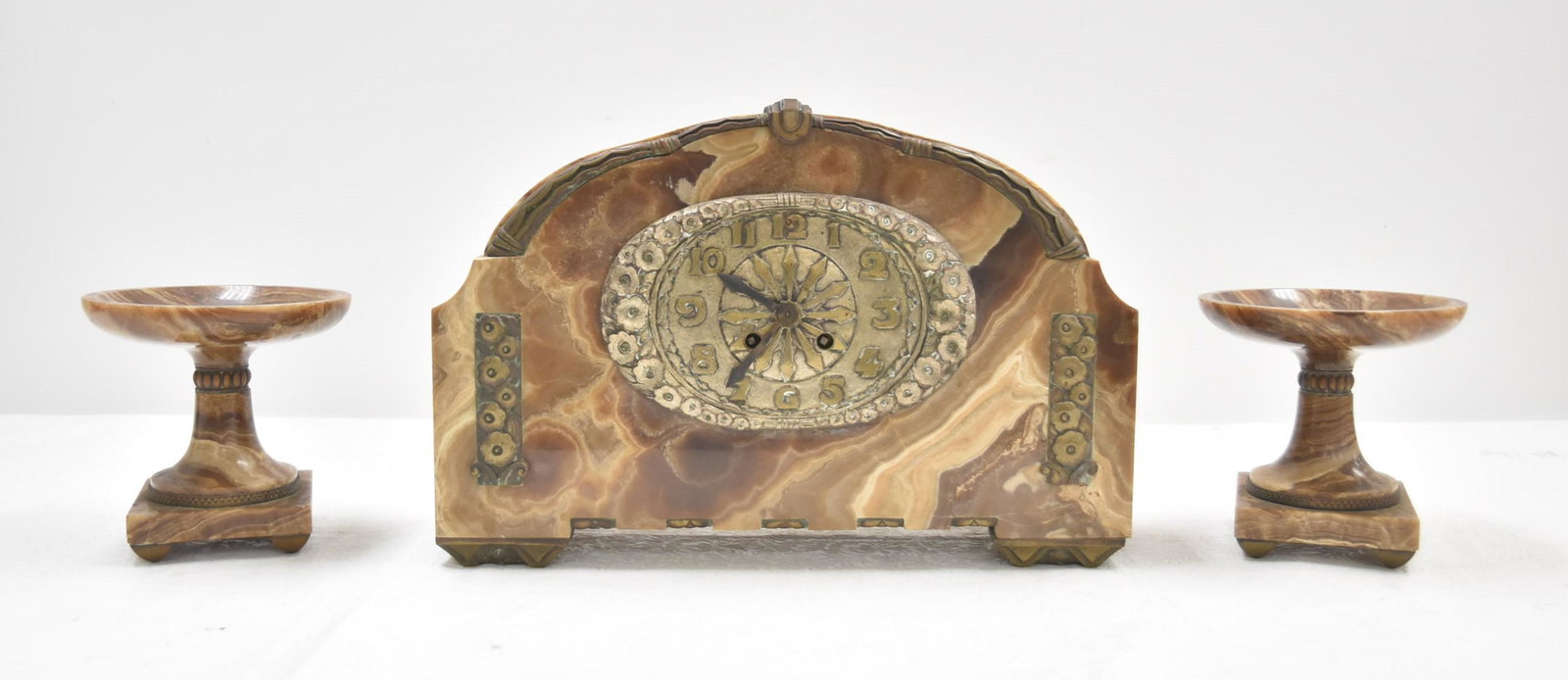 (3)pc DECO ALABASTER CLOCK SET WITH FLORAL MOUNTS: & MATCHING (Pr) GARNITURE - CLOCK IS 14 1/4" x 4" x 9 1/2" ; GARNITURE IS 5 1/2" x 5 1/2"