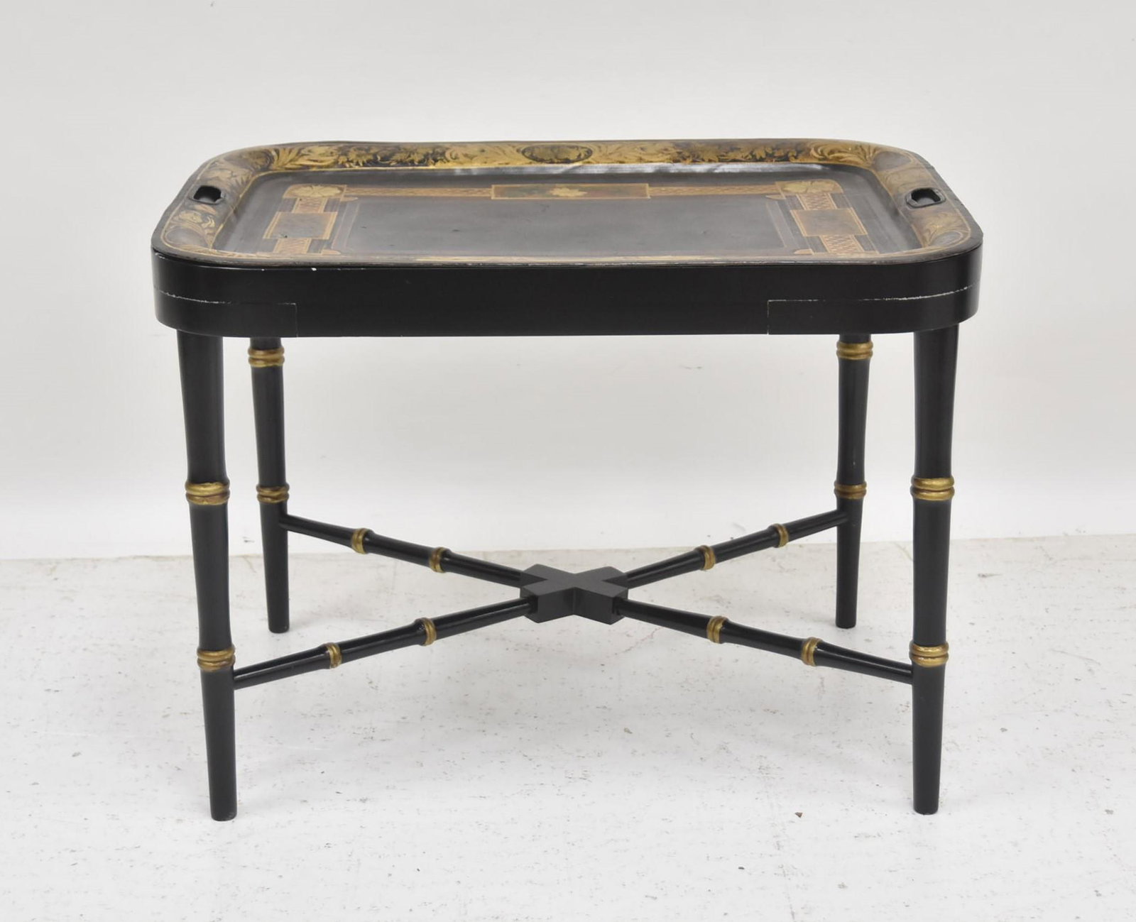 LACQUERED WOOD & TOLE TRAY TABLE: TOLE TRAY TABLE SET ON LACQUERED BAMBOO FORM WOOD BASE - 26" x 19 1/2" x 19"