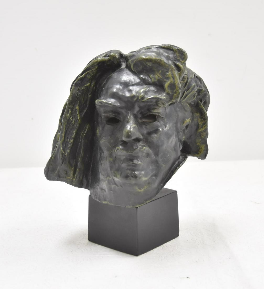 AFTER RODIN , BRONZE BUST OF MAN: AFTER AUGUSTE RODIN , BRONZE SCULPTURE OF BALZAC WITH ALEXIS RUDIER , FONDEUR PARIS , FOUNDRY - 7" x 6" x 9" OVERALL