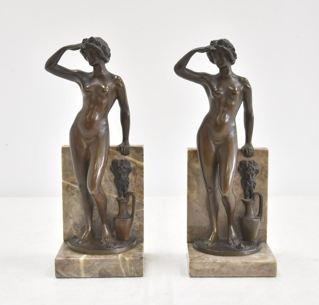 HANS KECK (GERMAN, 19thC) BOOKENDS: (Pr) BRONZE FEMALE NUDE FIGURES STANDING BEFORE MARBLE BOOKENDS , SIGNED KECK - 4" x 4" x 11"