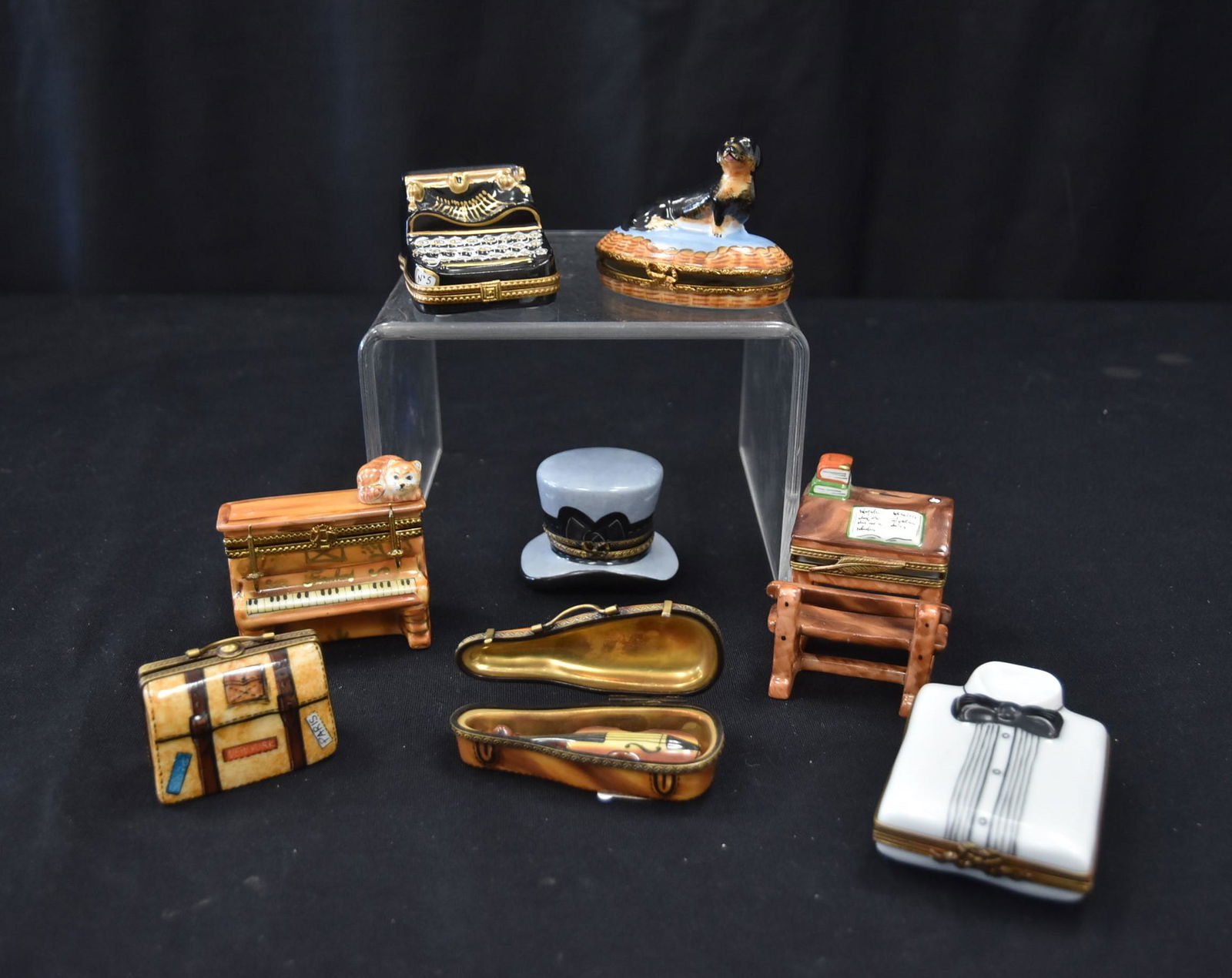 (8) LIMOGES ENAMEL MINIATURES: (8) LIMOGES ENAMEL MINIATURE TRINKET BOXES INCLUDING PIANO , TYPEWRITER , GUITAR, DACHSUND ,HAT & SHIRT - LARGEST IS 3" x 2 1/2"