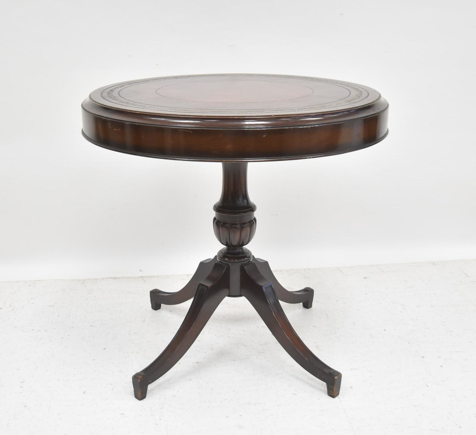 MAHOGANY LEATHER TOP DRUM TABLE: 30" x 29"
