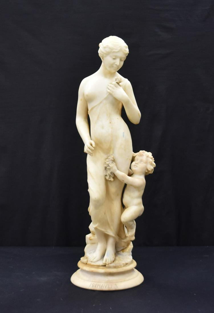 LARGE ALABASTER SCULPTURE "PRIMAVERA": LARGE ITALIAN CARVED ALABASTER SEMI NUDE WOMAN TITLED "PRIMAVERA" , SIGNED ILLEGIBLY INVERSO , FIRENZE - 8" x 31" (SOME LOSSES & DISCOLORING)