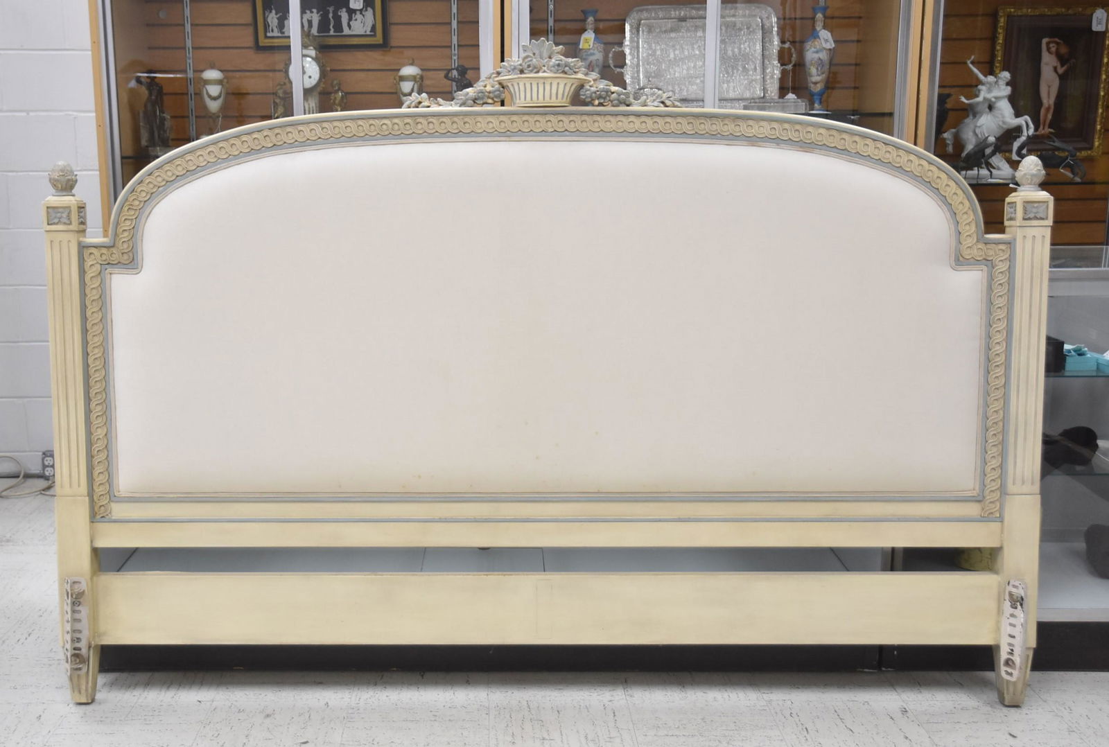 JULIA GRAY , PAINT DECORATED KING SIZE HEADBOARD: JULIA GRAY , DESIGNER PAINT DECORATED LXVI STYLE PAINT DECORATED & UPHOLSTERED KING SIZE BED HEAD BOARD WITH CARVED FLOWER BASKET - 83" x 51"