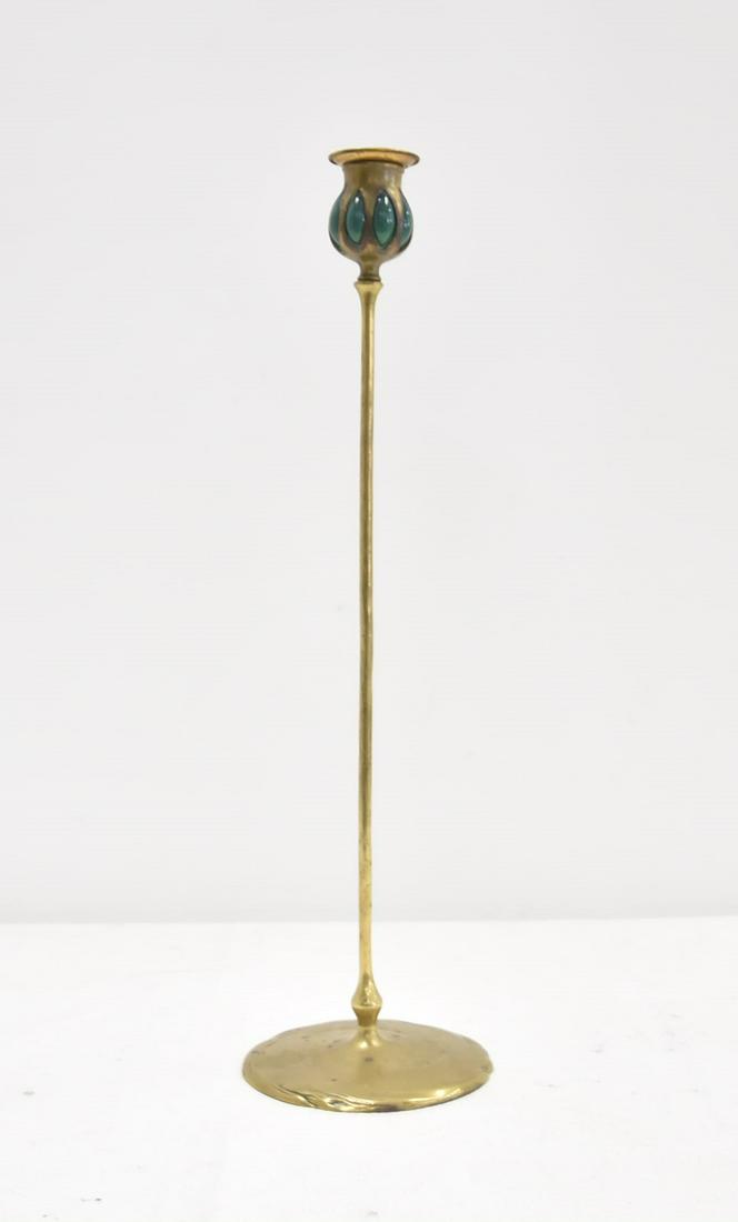 TIFFANY STUDIOS BRONZE CANDLE STICK HOLDER: TIFFANY STUDIOS CANDLE STICK WITH GREEN GLASS INSERT (HAS CHIP) BASE WITH TIFFANY STAMP ; S 1571 - 6" x 21"