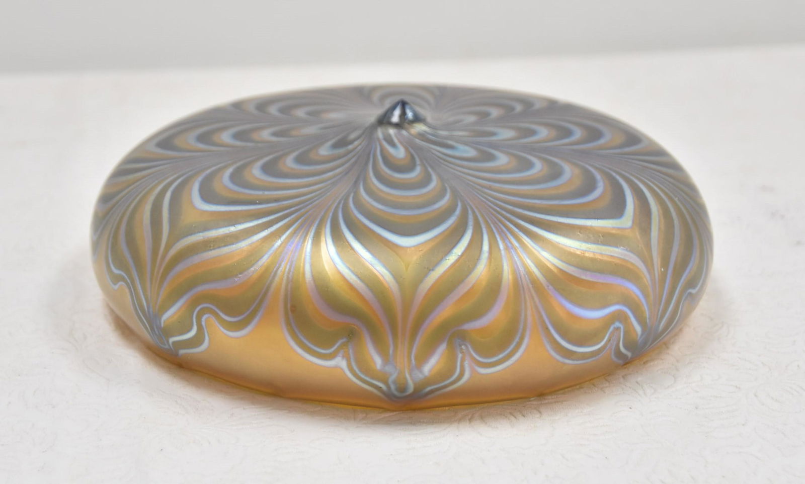 LOETZ ? IRIDESCENT ART GLASS BOWL: LOETZ ? IRIDESCENT ART GLASS BOWL , FOR STAND OR SHADE (DOESNT HAVE FRAME) 8 1/2" x 2 1/2" (piece may have been ground down and added at center ; may have been part of tazza)