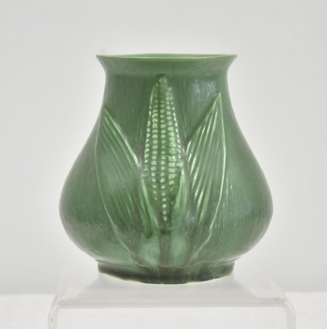HAMPSHIRE POTTERY VASE: WITH MOLDED RELEIF CORN PATTERN , SIGNED TAFT - 5" x 6" (2 CHIPS ON RIM)