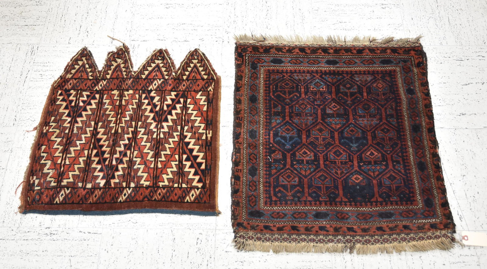 (2) ANTIQUE TURKMEN WALL HANGING: (2) ANTIQUE TURKMEN VEGETABLE DYE WALL HANGINGS - 26" x 24"