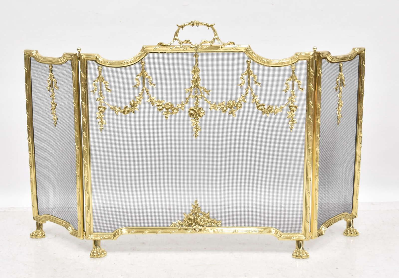 BRONZE & MESH FIREPLACE SCREEN: WITH FLORAL GARLANDS & CLAW FEET - CENTER IS 27" x 29 1/2" ; SIDES 11" x 25" ; 27" x 49" LONG OVERALL