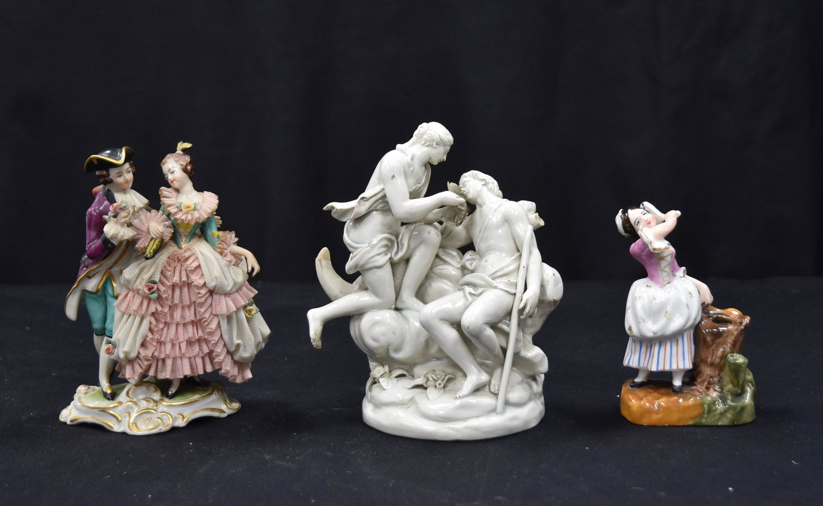 (3) PORCELAIN FIGURE LOT: FRANKENTHAL PORCELAIN GROUPING ,GERMAN PORCELAIN FIGURE & ITALIAN PORCELAIN GROUPING - 6" x 3" x 7 1/2"