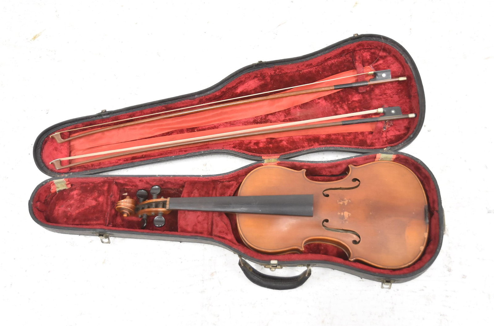 ANSALDO POGGI , ITALIAN VIOLIN WITH (2) BOWS: WITH LABEL DATED 1928 (ONE BOW MARKED GERMANY) (MISSING STRINGS) 8" x 23"