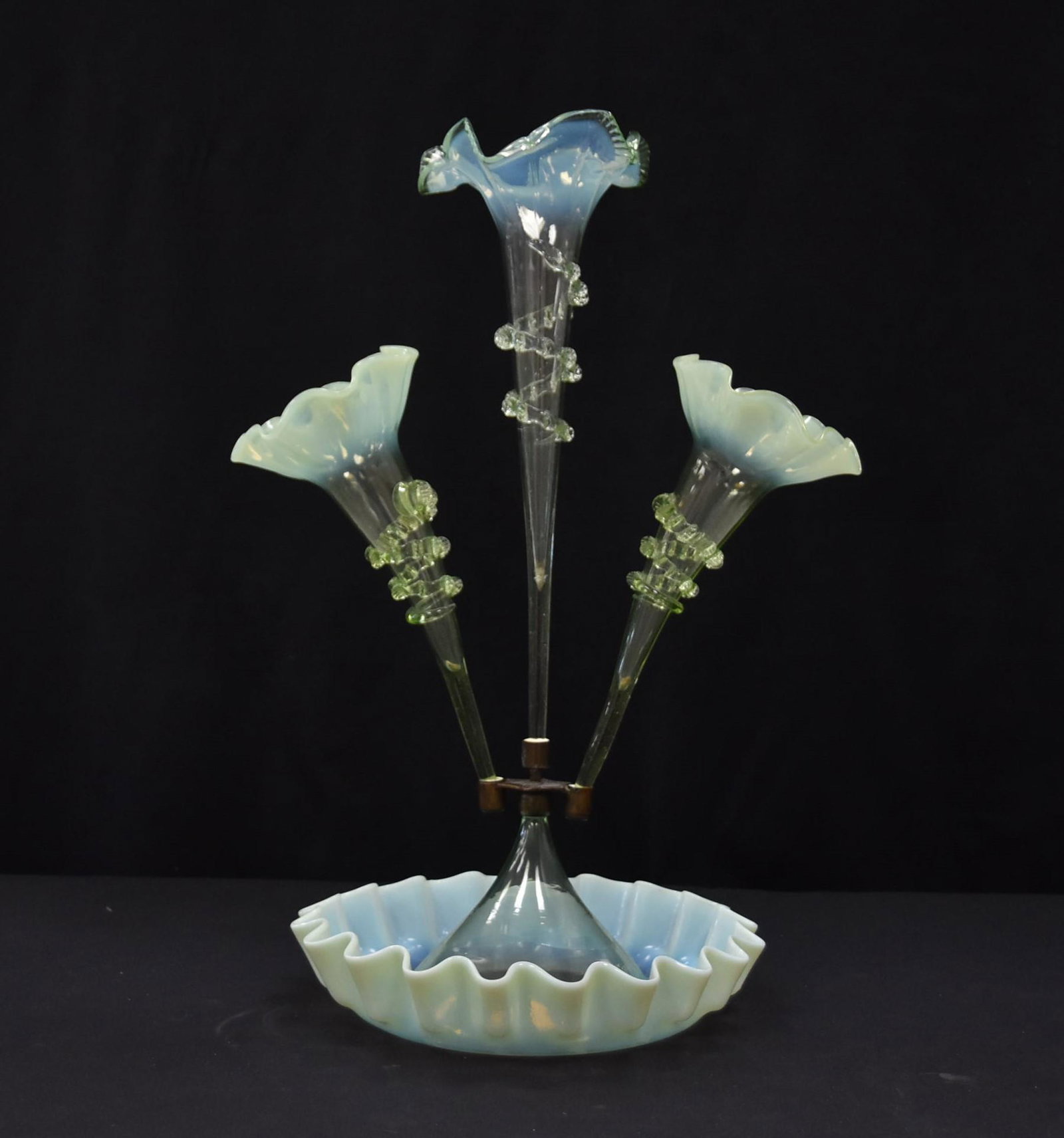 VICTORIAN VASELINE GLASS EPERGNE: WITH (3) FLUTES - 10" x 20 1/2"