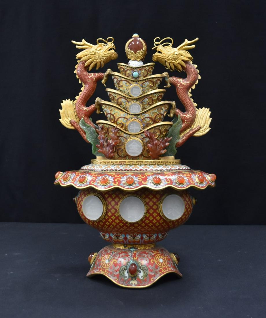 MIXED METAL CLOISONNE COVERED VESSEL: MULTI COLOR ENAMEL CLOISONNE WITH APPLIED JADE , CARNELIAN & TURQUOISE CABACHONS WITH MULTI TIERED NECK FLANKED BY DRAGONS - 10 1/2' x 8 1/2" x 16"