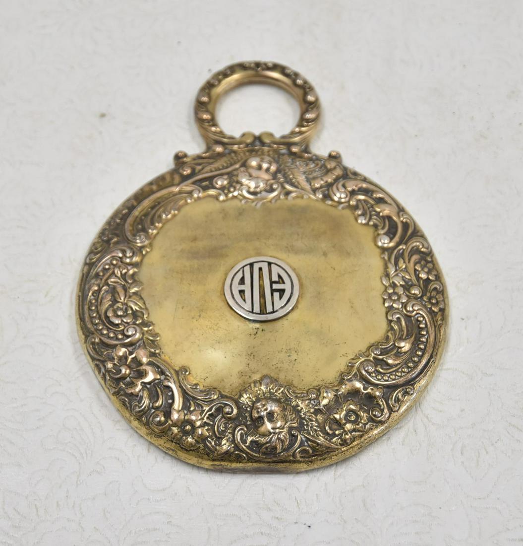 GOLD WASH STERLING SILVER HAND MIRROR: WITH CHERUBS , INITIALED EUA - 5 1/2" x 7"